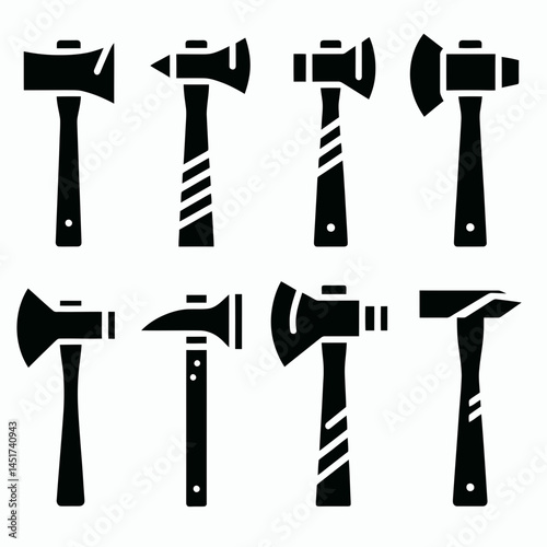 very simple flat and single minimalist Hammer Axe Silhouettes in black on a white background