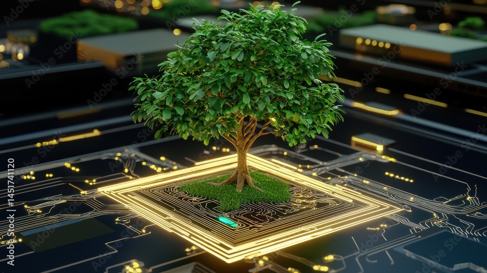 Fusion of nature and tech: vibrant tree sprouting from a complex circuit board.