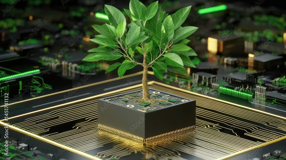 Fusion of organic growth and digital technology, tree sprouting from a tech circuit