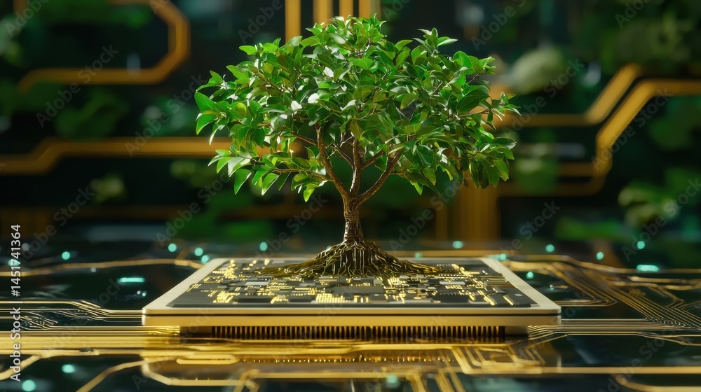 Futuristic scene of a lush tree sprouting from an electronic motherboard