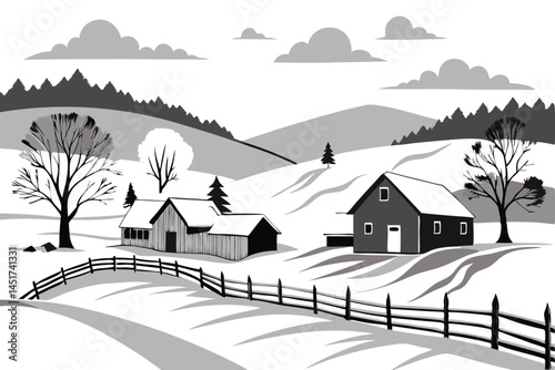 Isolated monochrome rural landscape displays farm buildings and snowy hills under cloudy sky