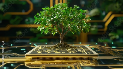 Obraz na płótnie Futuristic scene of a lush tree sprouting from an electronic motherboard w salonie