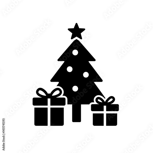  very simple flat and single minimalist Decorated Christmas Tree and Presents Silhouettes in black on a white background 