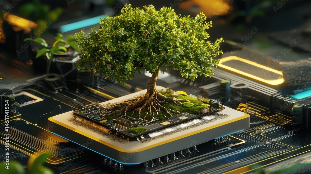 Futuristic scene of a lush tree sprouting from an electronic motherboard