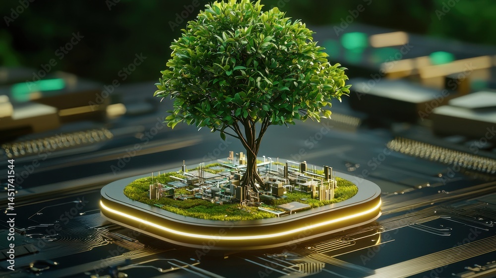 Futuristic scene of a lush tree sprouting from an electronic motherboard