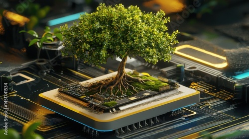 Obraz na płótnie Futuristic scene of a lush tree sprouting from an electronic motherboard w salonie