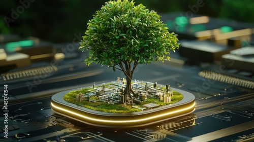 Obraz na płótnie Futuristic scene of a lush tree sprouting from an electronic motherboard w salonie