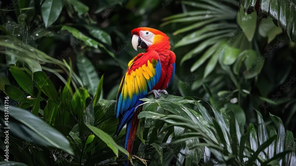 Fototapeta premium A Scarlet Macaw perched amidst the dense forest foliage, showcasing its brilliant red, yellow, and blue plumage.