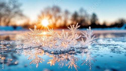 Delicate snowflakes on icy surface glowing in golden winter sunset creating magical serene atmosphere. Copy space
