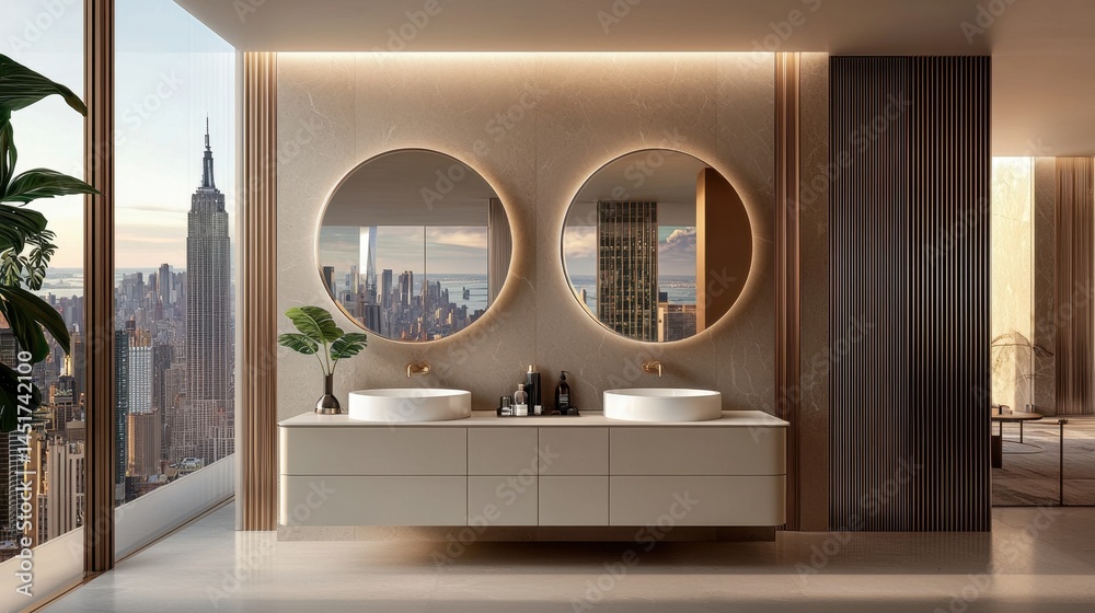 Grey vanity with white double sinks under two large round mirrors, city backdrop through window