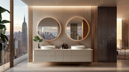 Grey vanity with white double sinks under two large round mirrors, city backdrop through window