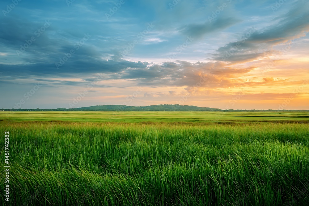 Serene Sunset over Lush Green Grassland and Distant Hill Serene Sunset over Lush Green Grassland and Distant Hill