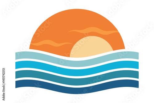 Minimalist ocean waves meet an orange sun in a simple, clean flat design
