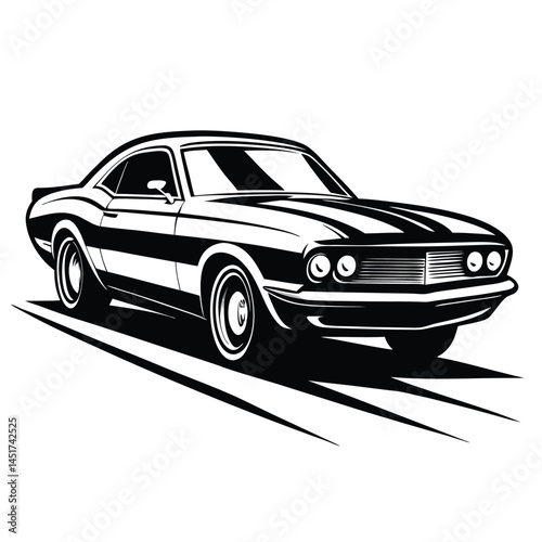 Monochrome muscle car rushes forward, showcasing speed and power with a transparent background