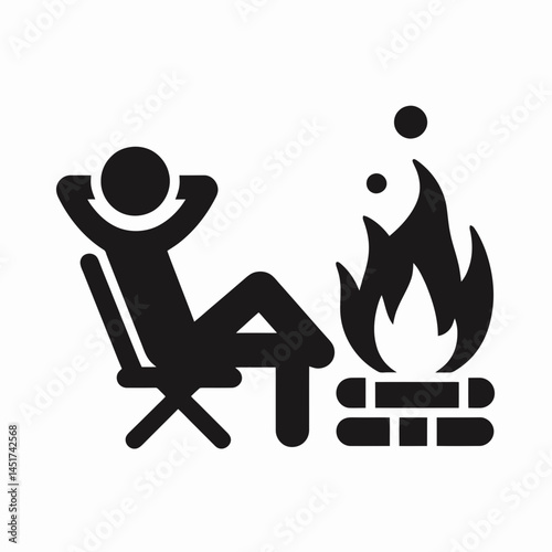 very simple flat and single minimalist Stick Figure Relaxing by the Fire Silhouettes in black on a white background
