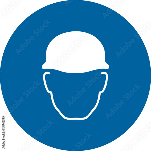 blue circular safety sign with white hard hat icon indicating mandatory head protection