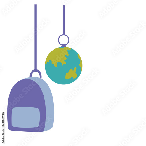 Cartoon vector of a school backpack and globe hanging by strings. Ideal for educational materials, travel themes, geography lessons, or playful academic and student-related illustrations.