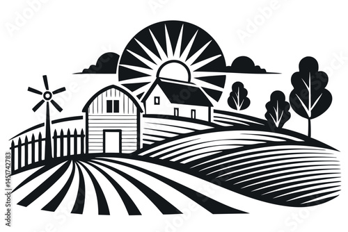 Monochrome rural landscape features barn, houses, fence, windmill, trees, sun, and field