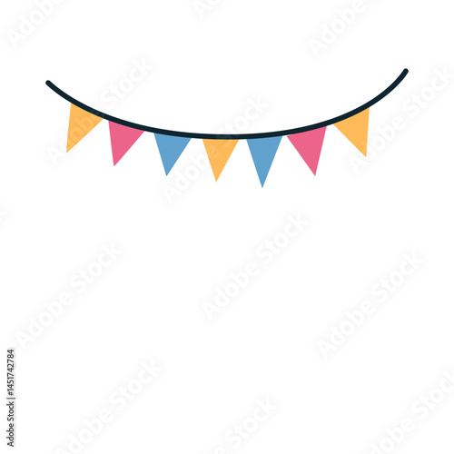 Colorful hanging bunting flags in a cartoon style, perfect for party decorations, festive themes, kids events, cheerful illustrations, or playful celebration and holiday design needs.