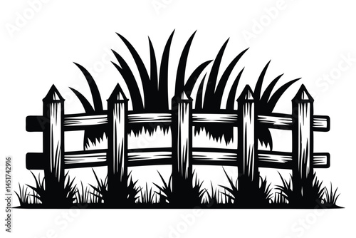 Monochrome silhouette shows a wooden fence with tall grass growing behind it; the background is transparent