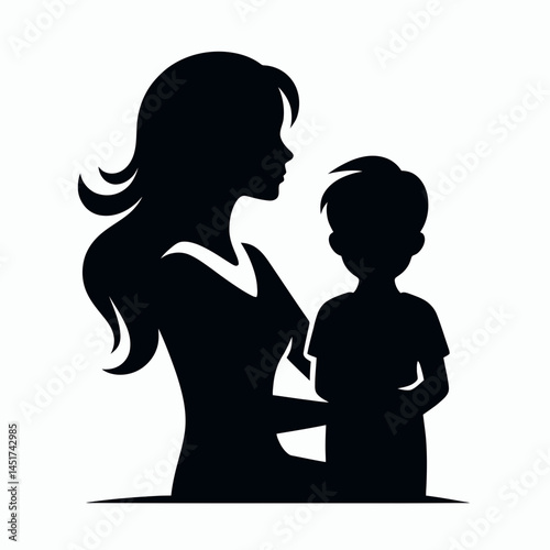  very simple flat and single minimalist Mother  Boy Silhouettes in black on a white background 