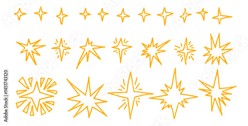 Twinkles y2k line crayon set. Yellow spark stars sketch. Space shine shapes and blings doodle pack. Comets and blinking. Vector hand drawn pencil drawn illustration isolated on white background.