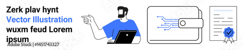 Man holding laptop and pointing, digital wallet with circuit design, certified document. Ideal for fintech, authentication, digital identity, e-documents, security, blockchain flat landing page