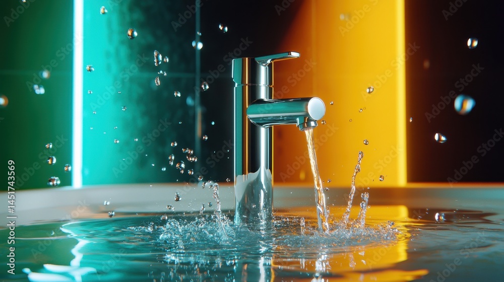 High-quality image of modern chrome faucet with gushing water and tiny splashing drops