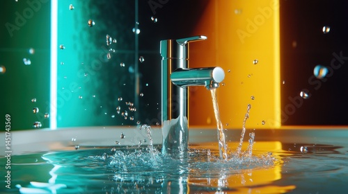 Obraz na płótnie High-quality image of modern chrome faucet with gushing water and tiny splashing drops w salonie