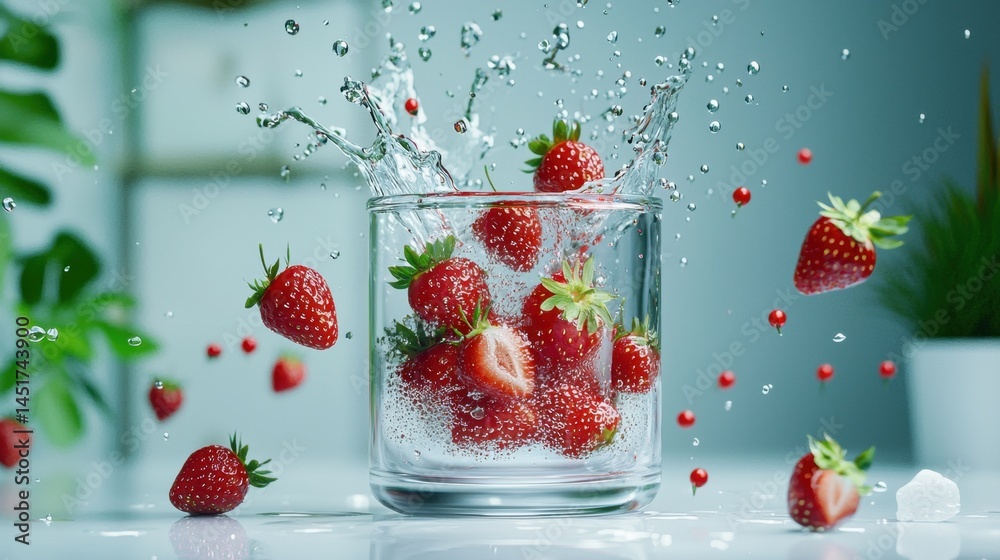 Juicy jam explosion out of a glass jar filled with strawberries, vivid against white