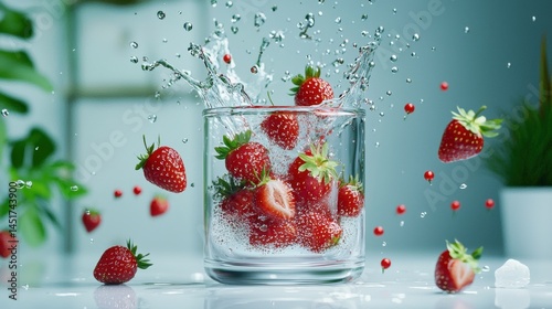Obraz na płótnie Juicy jam explosion out of a glass jar filled with strawberries, vivid against white w salonie