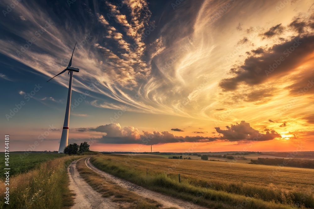 Obraz premium Wind turbine stands tall against a dramatic sunset sky over a rural landscape