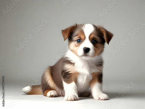 Adorable puppy with light brown and white fur resting on smooth gray backdrop, embodying playful innocence and heartwarming canine charm