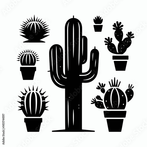 very simple flat and single minimalist Cactus Plant Silhouettes in black on a white background