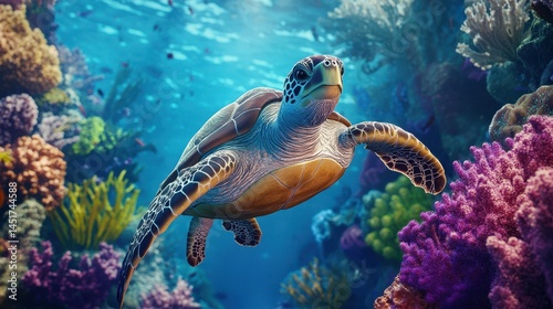 A sea turtle gliding gracefully within a vibrant, colorful reef, captured in an illustration that showcases the rich textures and vivid hues of the coral and marine life surrounding it. photo