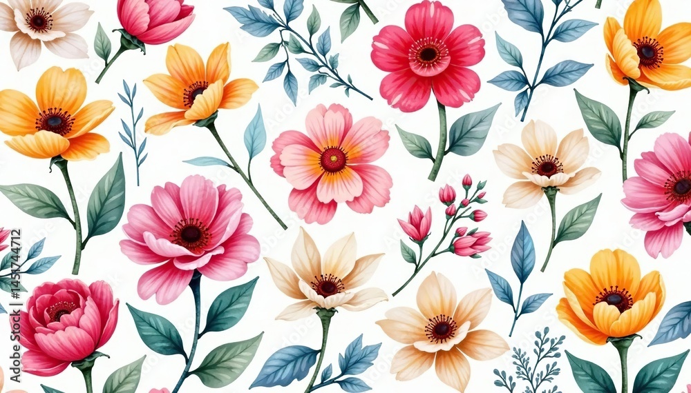 custom made wallpaper toronto digitalWatercolor painted flowers, continuous repeat, pretty, summer