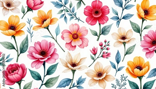 Wallpaper Mural Watercolor painted flowers, continuous repeat, pretty, summer Torontodigital.ca