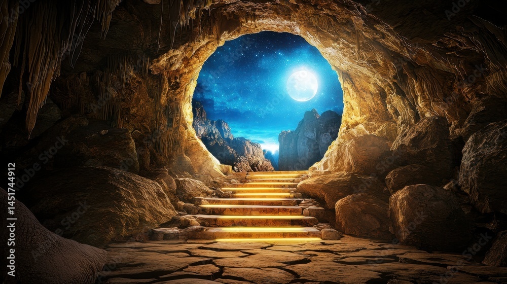 Magical cave pathway glowing with soft lights, jagged rocks leading into deep mystery