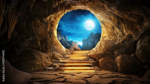 Obraz na płótnie Magical cave pathway glowing with soft lights, jagged rocks leading into deep mystery w salonie