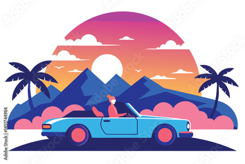 Relaxing asian woman is driving blue convertible near mountains and palms at sunset