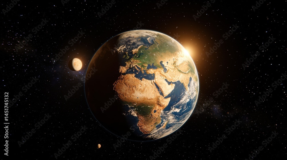 Majestic Earth seen from space with the Moon orbiting gracefully nearby, cosmic silence