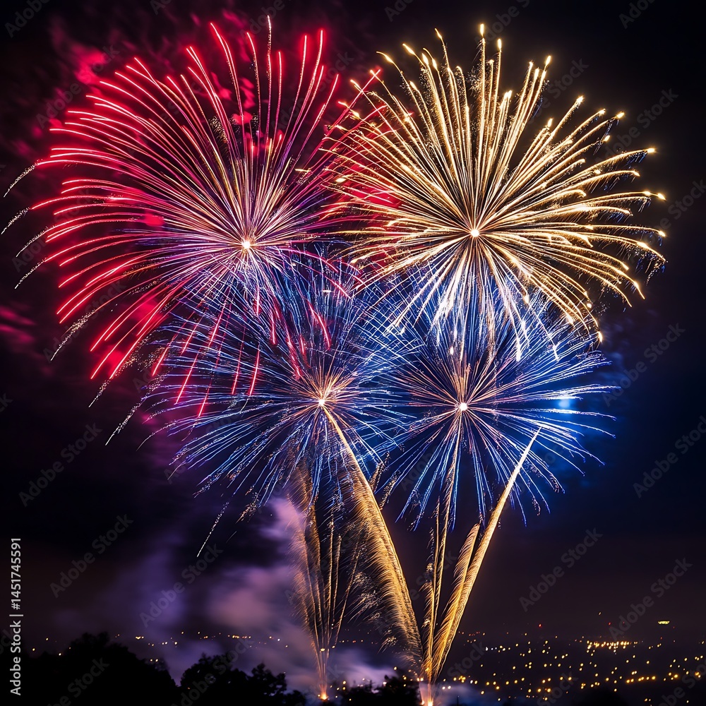 Obraz premium Colorful Firework Display Lighting Up the Night Sky