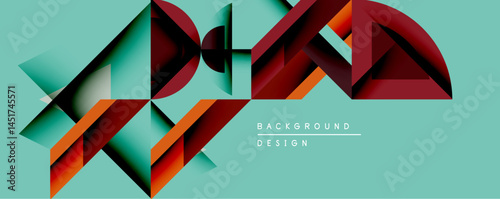 Abstract geometric shapes overlap, creating dynamic visual effect. Teal background complements red, orange, dark shades. Modern design suitable for backgrounds, presentations.