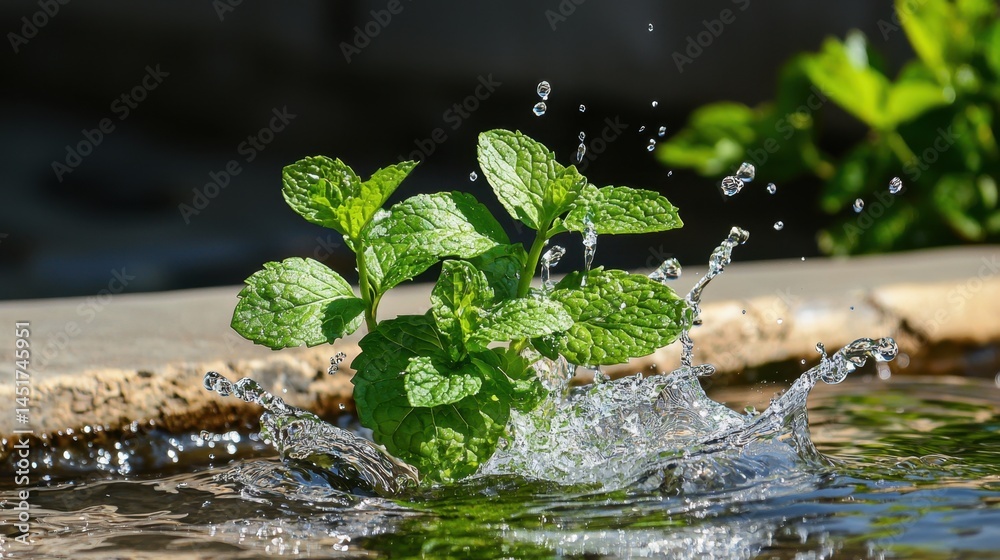 Mint leaves bursting with energy through splashing water, pure freshness