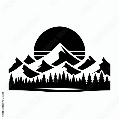 very simple flat and single minimalist Snowy Mountain Range Silhouettes in black on a white background