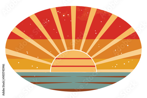 Retro sun is rising over teal ocean waves inside an oval shape