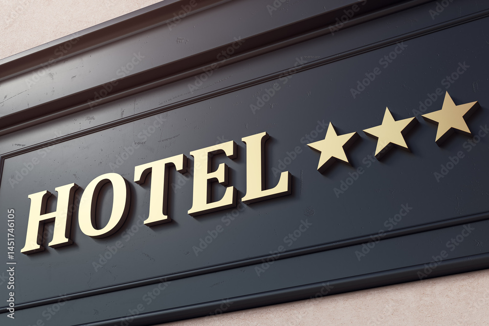 Obraz premium Hotel signage on dark building facade with three gold stars indicating ranking, modern exterior design with clear background lighting outdoors. 3D Rendering