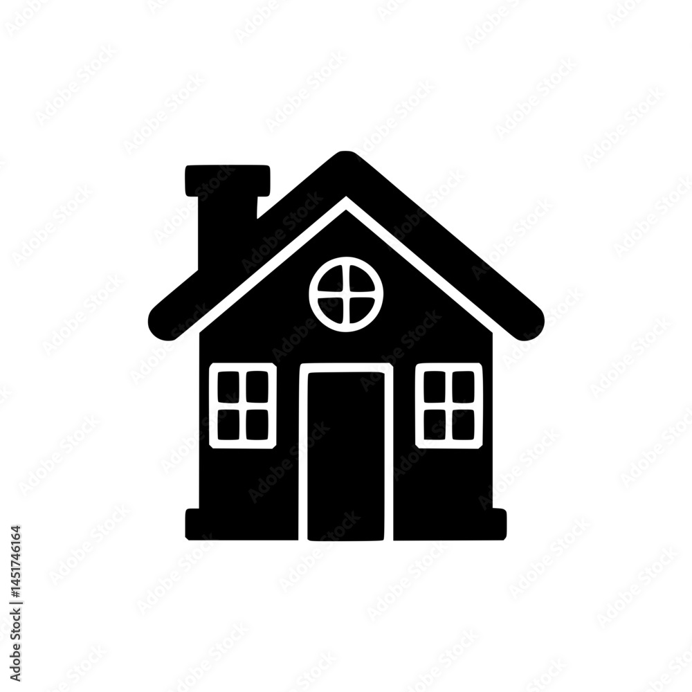 Simple House Icon with Chimney and Windows, Minimal black house icon with triangular roof, central door, side windows, and chimney, suitable for real estate or home apps.
Simple House Icon with Chimney and Windows, Minimal black house icon with triangular roof, central door, side windows, and chimney, suitable for real estate or home apps.