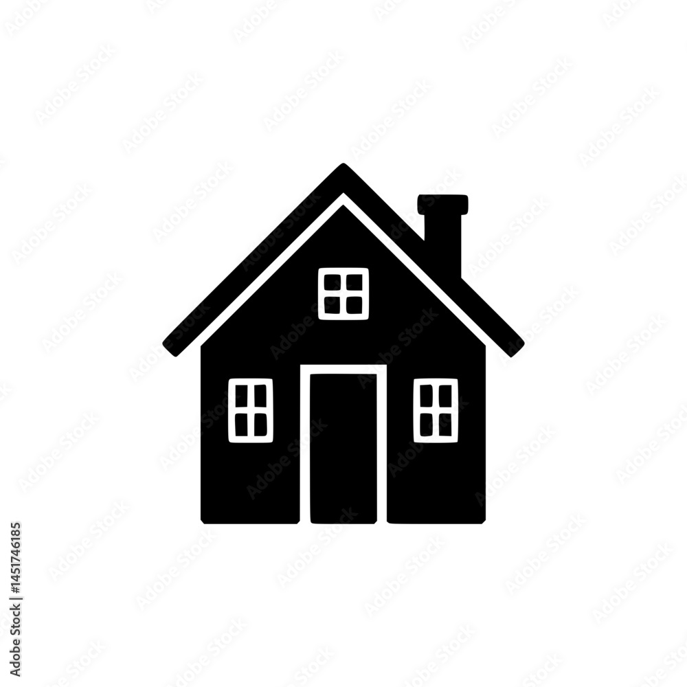 Simple House Icon with Chimney and Windows, Minimal black house icon with triangular roof, central door, side windows, and chimney, suitable for real estate or home apps.
Simple House Icon with Chimney and Windows, Minimal black house icon with triangular roof, central door, side windows, and chimney, suitable for real estate or home apps.