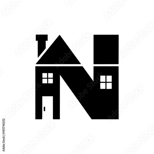 Letter N House Logo Real Estate Symbol, Bold black icon merging the letter N with a house design, featuring windows, roof, and chimney for property branding use.


